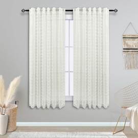 Cream Off White Boho Pom Pom Textured Earthy Neutral Semi Sheer Short Curtains for Kitchen,52 by 45 Inches Long