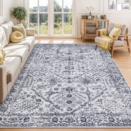 5x7 Area Rugs for Living Room Washable, Soft Vintage Large Bedroom Rugs, Boho Farmhouse Low Pile Non-Slip Indoor Throw Carpet Rugs for Bedroom Dining Room (Grey, 5'x7')