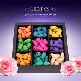 OTOFY Backflow Incense Cones 180 Pcs of 100% Natural Handwork Scents Waterfall Rose Tulip Jasmine Lavender for Backflow Incense Burner Holder Natural | Meditation & Yoga Gift(Pure Black)