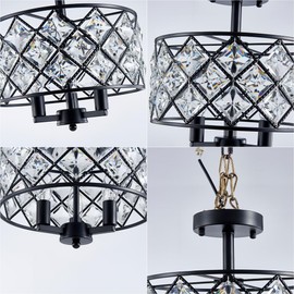Coregreen 3 Lights E12 Modern Crystal Chandelier Black Round Semi Flush Mount Ceiling Light Fixture Farmhouse Chandelier for Dinning Room Living Room Bedroom Hallway Entryway Kitchen