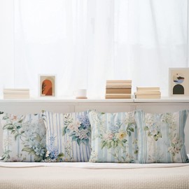 ASDCXZ Flowers Cushion Cover 40 x 40 cm Set of 4 Retro Stripes Blue Yellow Rose Flowers Leaves Sofa Decorative Cushion Covers Washable Polyester Flax Textile Outdoor Pillowcase Cushion Cover