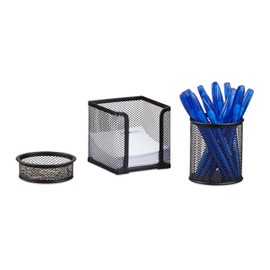 Relaxdays 3-Piece Metal Stationery Desk Organizer, Mesh, Note Box, Pen Holder and Paperclip Tray, Black