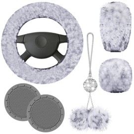 6 Pieces Fluffy Car Accessories Set Fluffy Steering Wheel Cover Soft Fuzz Handbrake Cover Gear Shift Cover Bling Car Mirror Fuzz Car Decoration 2 Pieces Bling Car Pad (White Gray, Short Hair)