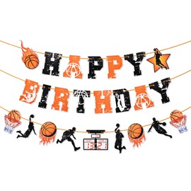 Basketball Happy Birthday Banner - Orange and Black Sports-Themed Party Decoration with Basketball Hoops and Fireball Design, Pre-Assembled, No DIY Required, Festive Indoor Outdoor Birthday Party Supplies