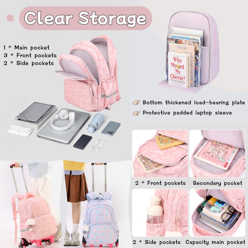 Bansusu 3Pcs Kids Rolling Backpack for Girls with Lunch Bag,