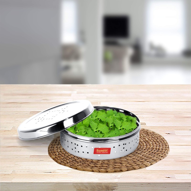 Sumeet Stainless Steel Hole Puri Dabbas/Flat Canisters/Sprout Maker with Air