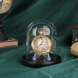 Hipiwe Clear Glass Dome Cloche, Glass Display Bell Jar with Black Wood Base, Decorative Display Case Acrylic Easel Stand for Plants, Medals, Challenge Coin, Pocket Watch Collectibles, 4.1"x 4.5"