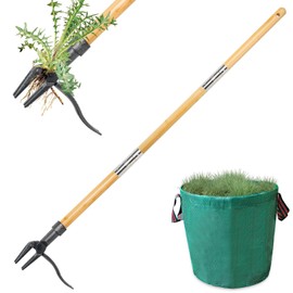 Juxifyron Weed Puller Tool, Stand Up Weed Remover Tool, Gardening Hand Weeding Tool with 48" Handle for Dandelion, Includes a Reusable Garden Waste Bag [2025 Upgraded Weeder]