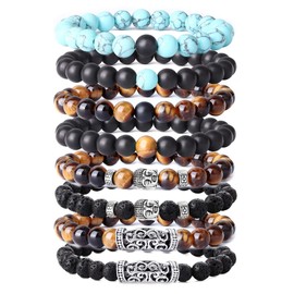 YADOCA 8 Pieces 8 mm Beads Bracelets for Men Lava Tiger's Eye Bracelet Buddha Head Bracelet Gothic Punk Bracelet Set, Stone