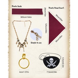 WooHand Pirate Costume Women Men 5Pcs Pirate Head Scarf Bandana Pirate Sash Belt Accessories Set Red