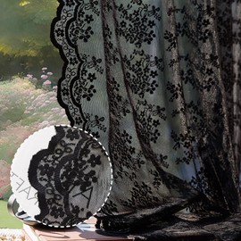 Anmao Vintage Lace Curtains 45 Inches Long 2 Panels, Romantic Semi Sheer Floral Lacy Curtains for Living Room, Elegant Window Drapes for Bedroom with Bow Curtain Ties, 55 Inch Wide Each Panel, Black