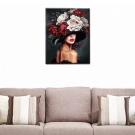 Beautiful Woman With Flower Hat Paint by Numbers for Adults Black Background Female Body and Flower Head Painting by Numbers Flower Nordic Style Acrylic Oil Painting Set without Frame 16''W x 20''H