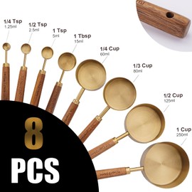 Measuring Cups and Spoons Set with Wood Handles, Premium Stainless Steel Measuring Spoons and Measuring Cups Set (Gold-4 Cups & Spoons)