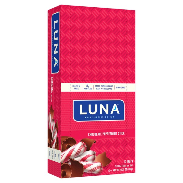 LUNA BAR - Gluten Free Snack Bars - Chocolate Peppermint Stick -8g of protein - Non-GMO - Plant-Based Wholesome Snacking - On the Go Snacks (1.69 Ounce Snack Bars, 15 Count)