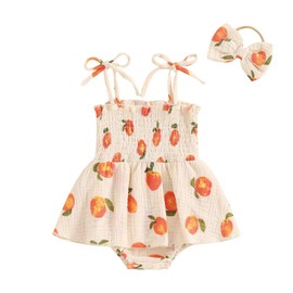 Infant Baby Girls Romper Dress Fruit/Flower Pattern Short Sleeve Ruched Jumpsuit Onesie Clothes Hem Headband (Peach Beige, 12-18 Months)