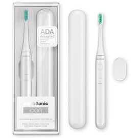Aquasonic Icon ADA-Accepted Rechargeable Toothbrush | Magnetic Holder & Slim Travel Case | 2 Brushing Modes & Smart Timers | Gentle Micro-Vibrations (Pearl)