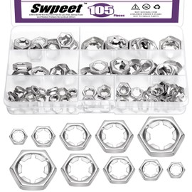 Swpeet 105Pcs 5 Sizes M6 M8 M10 M12 M14 304 Stainless Steel Push On Lock Nut Assortment Kit, Internal Tooth Pushnuts, Locknuts, Socket Nut