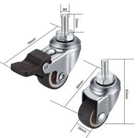Swivel Castors for Furniture, Pack of 4 M8 Furniture Castors, Small, Swivel Castors Castors with Brake, 360° Rotatable, Quiet, Non-Slip Rubber Castors with Thread for Indoor Outdoor Furniture 2 Inches