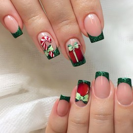 24Pcs Christmas French Green Tip False Nails Short Square Press on Nails Pink Elegant Fake Nails with Candy Cane Gift Box Designs Acrylic Full Cover Winter Xmas Stick on Nails for Women Girls