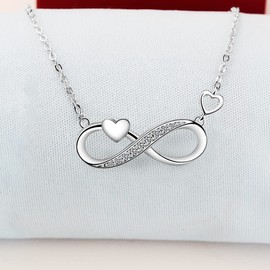 Yaneno Necklace for Women 925 Sterling Silver Crystal Zircon Infinity Endless Symbol Charm Love Heart Pendant Adjustable (White Gold)