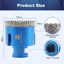 2 Inch Diamond Core Drill Bit for Porcelain Tile Ceramic Marble Granite Drilling,BRSCHNITT 1pc Vacuum Brazed Diamond Hole Saw with 5/8-11 Thread
