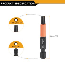 HARFINGTON 3pcs T27 Torx Head Screwdriver Bit 2" (50mm) Long 1/4" Hex Shank Magnetic No Hole Tamper Proof 6 Point Star Screw Driver Drill Bits Phosphate S2 Steel Industrial Power Tools