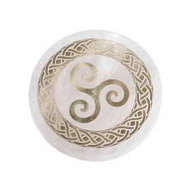 NKlaus Selenite Plate Round 10 cm with Golden Triskele & Celtic Knot - Energy Plate for Gemstones, Altar, Meditation, Spiritual Decoration & Protection Symbol 16607