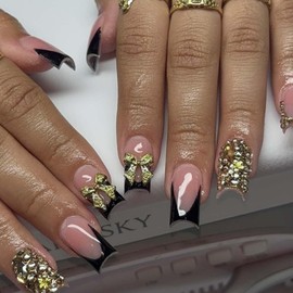 Hkanlre Medium Square Fake Nails Tips Crystal Press on Nails Full Cover False Black French Nails for Women 24PCS