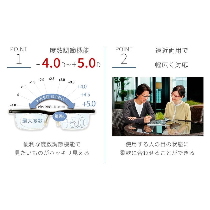 [PRESBY] 自由に度数が変えられる老眼鏡 ドゥーライフワンプレミアム 遠近両用 メガネ拭き ケース チェーン付 ブルーライトカット UVカット 度数調整