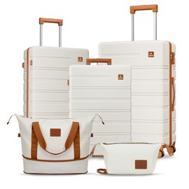 QIMER Luggage Set 5 Piece, Polycarbonate Luggage with YKK Zipper and TSA Locks,sturdy and durable, Carry On Luggage Set Suitable for Family Travel(OFF White 20/24/28 Inch)