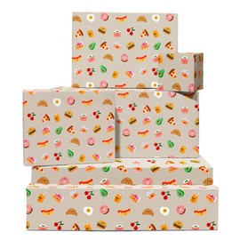 Birthday Wrapping Paper For Girls - Eco-friendly - 6 Sheets Of Gift Wrap - Cute Smiley Food Pattern - Brown Wrapping Paper - Comes With Stickers - By Central 23