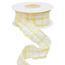 CABODYALS 9.14M 5/8 Inch Yellow Gingham Ribbon Wired Checkered Double Chiffon Ruffled Plaid Trim Edge Polyester Ribbons with Spool for Gift Wrapping Wedding Invitations Bouquets Diy Christmas Decor