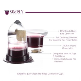 Simply Communion Pre-filled Communion Cups - Tray & Seatback Pew Compatible Cups and Wafer - Concord Juice and Bread - Box of 100 - EASY Open Made in the USA