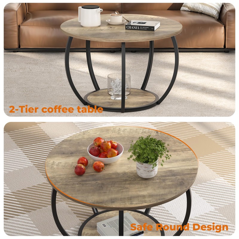 GreenForest Round Coffee Table with 2-Tier Open Storage, 27.6 inch