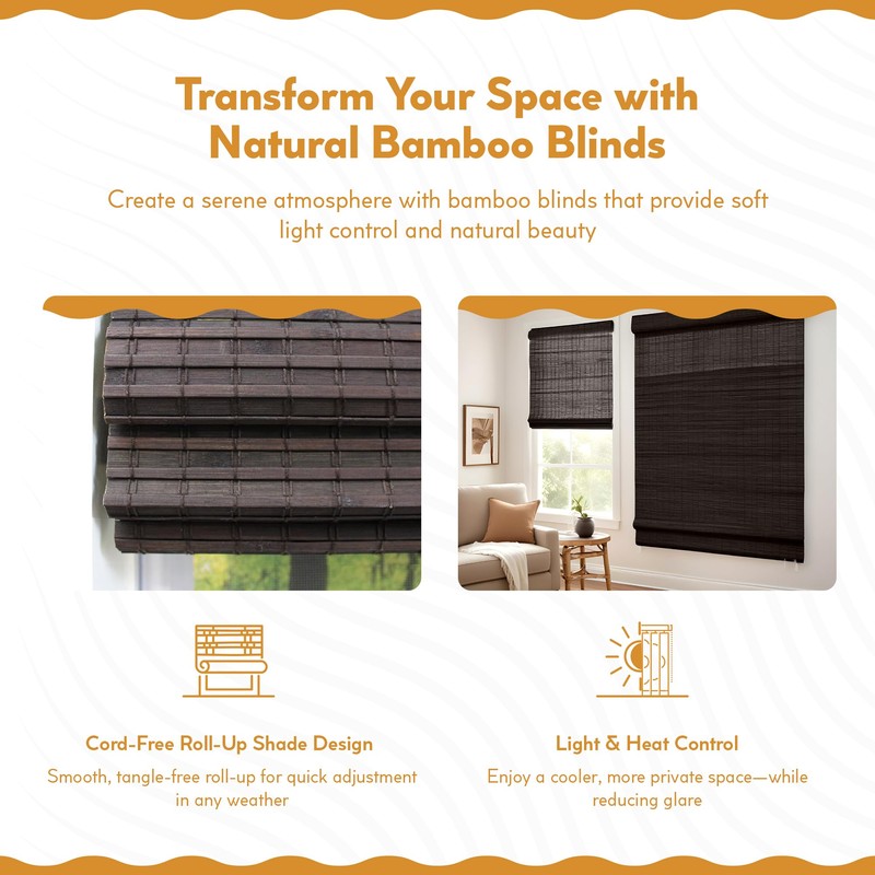 Radiance Cordless Bamboo Roman Shades for Windows - Flatweave Bamboo