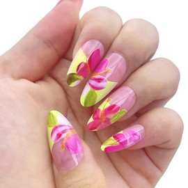 NGMATY Press On Nails Summer Floral Painted French Tropical Medium Length Almond Shaped Wearable Nails 12 Sizes - 24 Pcs Gel False Nail Set