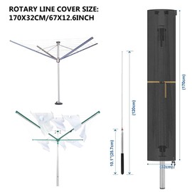 Rotary Airer Protective Cover, 170 x 32 cm Rotary Airer Cover, 420D Oxford Fabric Cover, Rotary Airer, Laundry Umbrella Cover with Zip and Storage Bag (Black)