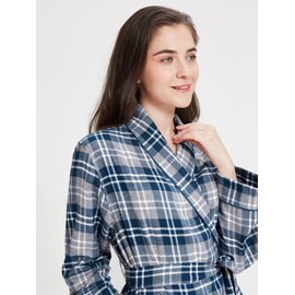 SIORO Womens Flannel Robes Long, 100% Cotton Plaid Bath Robe for Women Soft Flannel Sleepwear for Bath Shower Lounging, Blue and Gray Plaid, Small