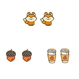 Pingyongchang 3 Pairs Thanksgiving Fall Wooden Stud Earrings Cute Autumn Turkey Pumpkin Maple Pine Nut Fox Earrings for Women Thanksgiving Day Jewelry Gift-Stud B