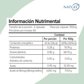 Frasco Moringa Oleifera Extracto De Moringa 120 Cápsulas de 700 mg Natgel sin sabor