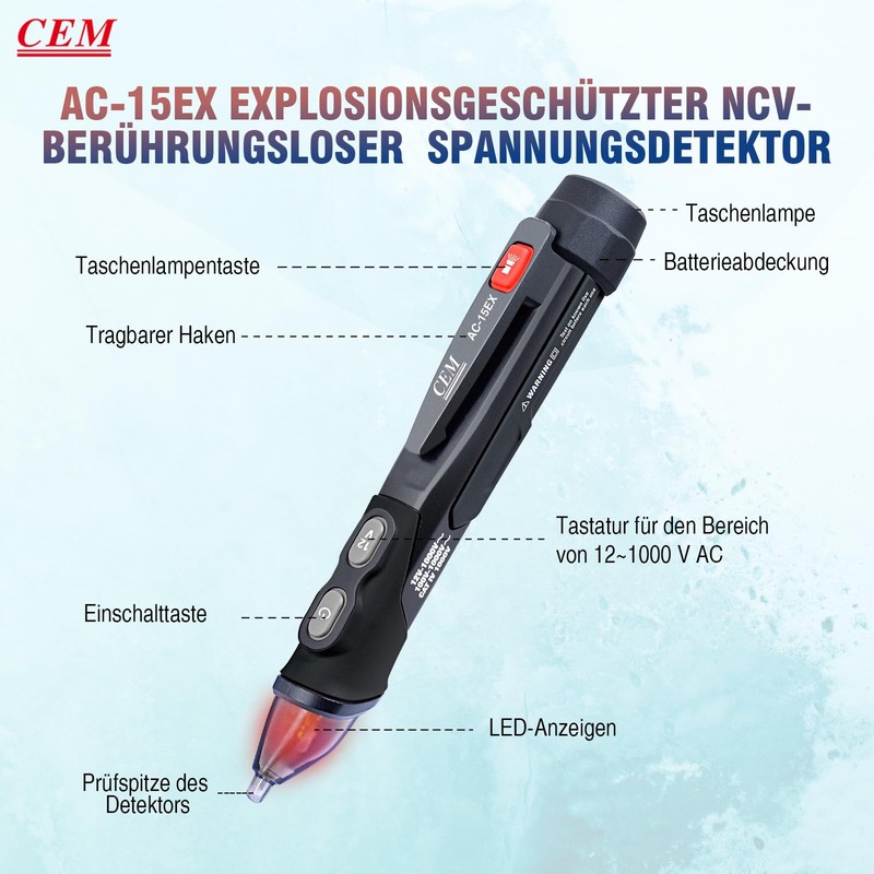CEM AC-15EX Non-Contact AC Voltage Tester with LED Signal Lamp