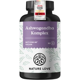 NATURE LOVE® Ashwagandha Complex - 600mg Ashwagandha per Daily Dose - 90 Capsules - with KSM-66, Magnesium, Folic Acid and Vitamin C and B6 - High Dose & Vegan - Produced in Germany