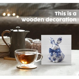 Nitelat Easter Chinoiserie Rabbit Wooden Signs, Grand Millenial Bow Blue Bunny Floral Home Decor Signs, Blue and White Chinoiserie Porcelain Desk Decorations, Farm Rabbit Animal Office Bathroom Decor