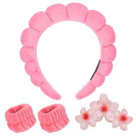RAISEY 4pack Puffy Spa Sponge Washing Face Headband and Wristband with Hair Claw Clip Bulk Sets (Coral, 18X18X5CM)