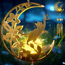 Solar Moon Cat Decorative Light Gift, Solar Moon Cat Decorative Wind Chime with Light, Gifts for Women Mom Grandma, Garden Lawn Decor, Christmas & New Year Gift