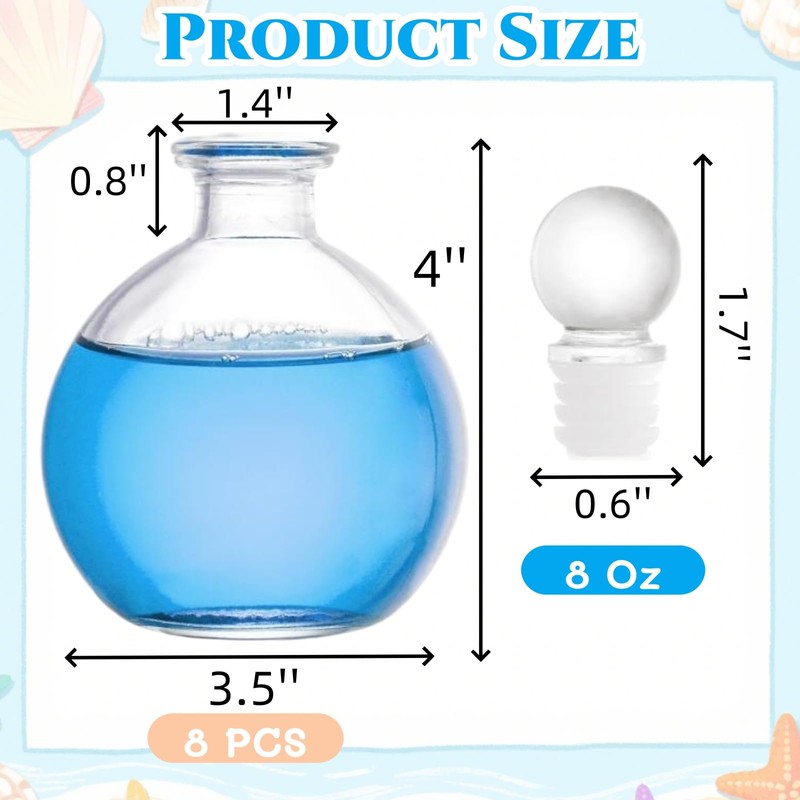 Acshio 8 Pack Spherical Glass Bottles, 8 Oz Round Bottle