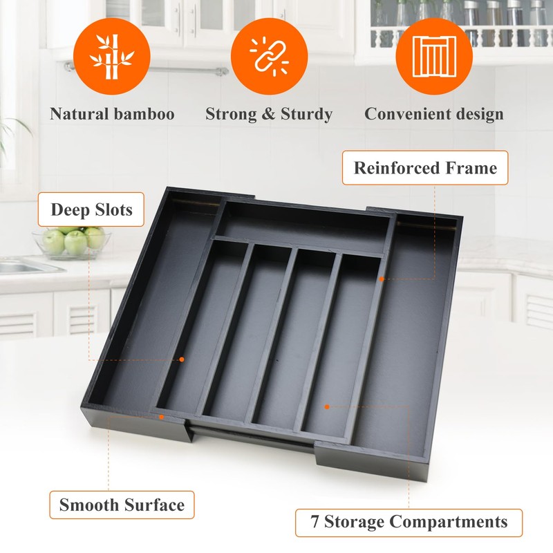Bamboo Kitchen Drawer Organizer Tray Black Expandable Spoon Silverware Organizer