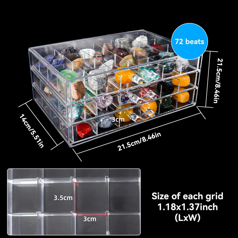 Dmnnlp Rock Display Case with 3 Drawers and 72 Grids,