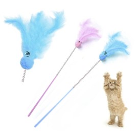 CHIPP'S Cat Delight Fuzzy Pom Pom 2 Kittens Feather Toy, Handheld and Freestanding, 2-Way (Blue & Pink)