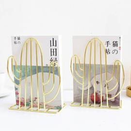 SIPLIV Creative Minimalist Style Bookends Metal Adjustable Books Holder Stand Book Rack Desk Bookend - Cactus, Gold